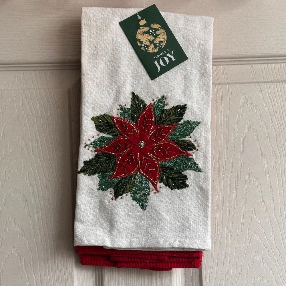 Tidings & Joy Christmas Holidays Embroidered Poinsettia Kitchen Towel Set